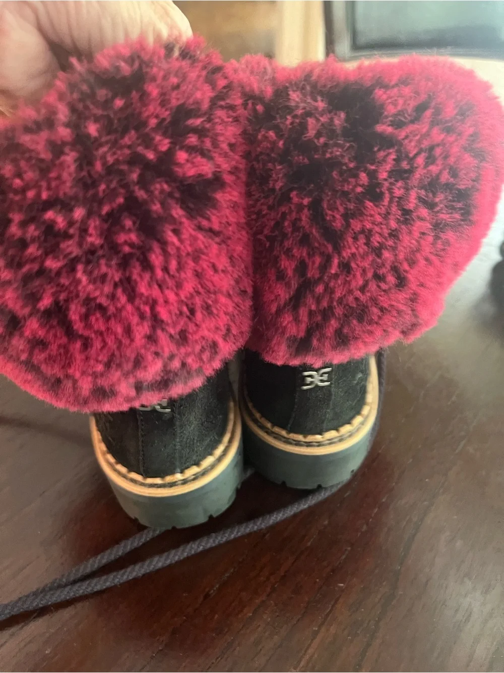 Sam Edelman Black Suede Winter Boots with Burgundy Faux Fur Trim 9.5